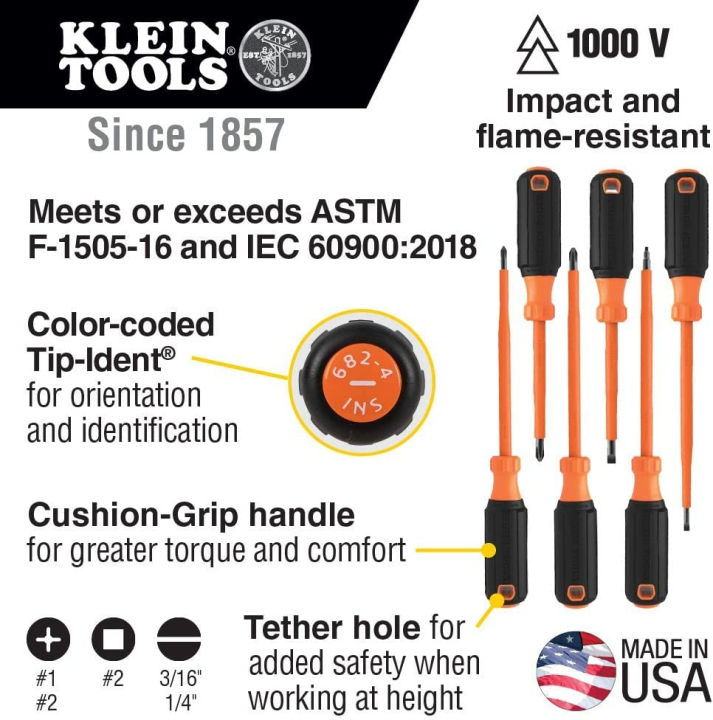 klein-tools-85076ins-insulated-screwdriver-set-features-1000v-screwdrivers-3-phillips-and-2-slotted-and-square-tips-6-piece-6-piece-set