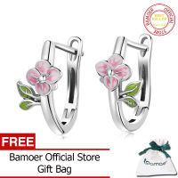 BAMOER 925เงินสเตอร์ลิงฤดูใบไม้ผลิสีชมพูเชอรี่บานต่างหูกลมต่างหูห่วงสำหรับผู้หญิงเครื่องประดับ SCE1287