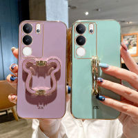 เคสโทรศัพท์ Vivo V29 5G ล่าสุด2023งานฝีมือขอบตรงเคลือบเงาสุดหรูพร้อมปลอกอ่อนยางที่ตั้งรูปหมีน่ารัก Vivo Y29 5G ฝาครอบโทรศัพท์สร้อยข้อมือแฟชั่น