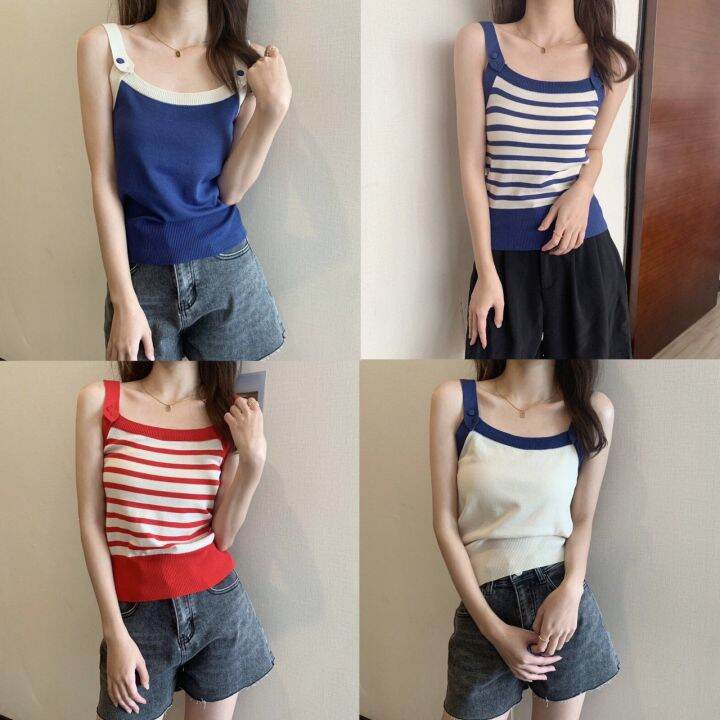 🍉 เสื้อสายเดี่ยวไหมพรม ลายทางและเรียบ สีสวยสุดๆ สินค้าพร้อมส่ง ( A372 ...