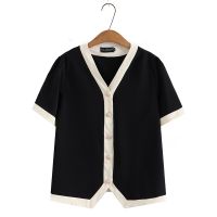 【มีไซส์ใหญ่】Plus Size Womens V-neck Black Beige Summer Blouses Ladies Short Sleeve Office-wear Buton Up Tops