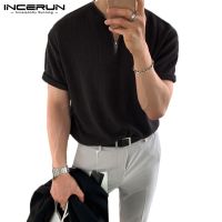 ☫❧✷ Incerun เสื้อแขนสั้น คอวี ลายวาฟเฟิล ขนาดเล็ก