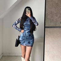 WOMENGAGA Sexy Tight Tie Dye Mesh Lace Small Turtleneck Long Sleeve Slim Hip Wrap Sexy Mini Dress Dresses U884