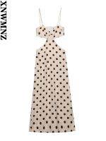 【Ladies shop】 XNWMNZ 2022ฤดูLadies shop Womenpolka Dot พิมพ์ Midi ชุดวันหยุดสไตล์สายรัดไหล่บาง Waistless หญิงเก๋ชุด