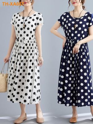 2023 ใหม่ฤดูร้อนแม่ผ้าฝ้ายผ้าไหมชุดเกาหลีหลวมลายจุด nightdress สวมใส่ด้านนอกความยาวกลางกระโปรงสวิงขนาดใหญ่