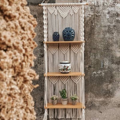 Boho Macrame Wall Hanging Shelf 3 Tier Handmade Woven Tassel Wood Organizer Shelves Wall Floating Hanger for Home Decor