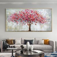Arthyx Handpainted Red Tree Landscape Oil Painting On Canvas Modern Abstract Wall Art Picture For Living Bedroom Home Decoration