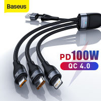 Baseus สายชาร์จ 3 in 1 Fast Charging Cable PD 100W Multi Charging Cable for 13 12 Pro Max PD Charging with Lightning USB C Micro Port สายเคเบิลข้อมูลไนลอนถัก83006