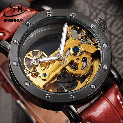 ⌚SHENHUA Royal หรูหราสายหนังโปร่งใสคลาสสิกอัตโนมัติสะพานทองโครงกระดูกหน้าปัดขนาดใหญ่นาฬิกานาฬิกาข้อมือสำหรับผู้ชาย