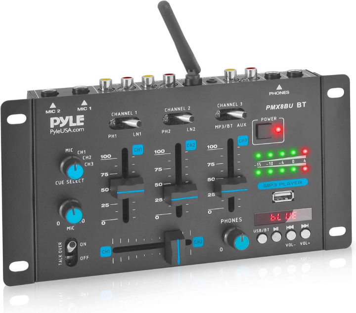 pyle-wireless-dj-audio-mixer-3-channel-bluetooth-compatible-dj-controller-sound-mixer-mic-talkover-usb-reader-dual-rca-phono-line-in-microphone-input-headphone-jack-pyle-pmx8bu-black