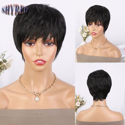 Short Straight Synthetic Wig With Bangs Fluffy Pixie Cut Ombre Black Wigs For Women Cosplay Wigs Heat Resistant