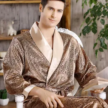 5XL Robe Luxury Men Silky Satin Kimono Robe Long Sleeve Sleepwear