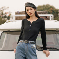 INMAN Autumn Winter Female T-Shirt Lady Retro Style Small V-Neck Buttons Jacquard Ribbed Long Sleeve Slim Top