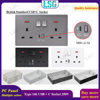 LSG ติดผนังเต้ารับปลั๊กไฟฟ้าพร้อมพอร์ต USB และ Type-c ระบบชาร์จ PD18W 3.1A อัจฉริยะอย่างรวดเร็วเต้าเสียบมาตรฐานอังกฤษพร้อม USB สำหรับติดผนัง13amp จุด3รูคู่พร้อมสวิตช์ควบคุมแผงขนาดใหญ่ซ็อกเก็ตที่มีกล่องผนังด้านในหรือกล่องผนังด้านนอกรวมกัน