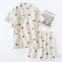 Japanese style kimono new ladies solid color short sleeve + shorts pure cotton double gauze pajamas sleep pants suit plus size