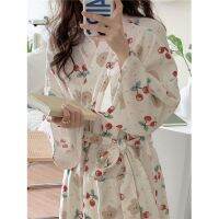 Casual Women Spring Autumn Loose Crape Cotton Robe Lace-Up Bathrobe Sweet Kimono Female Cherry Bear Printed Dressing Gown S-XL