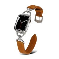 Luxury X Steel Metal Link Slim Leather Watch Band for Apple Watch 7 6 5 4 SE 3 Fashion Wrist Strap for iWatch 40 42 44 41 45mm