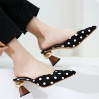 High Heel Slippers Pointed Toe Shoes Woman Elegant Mules Shoes Women Black White Dot Metal Heel Outdoors Womens Slippers E662