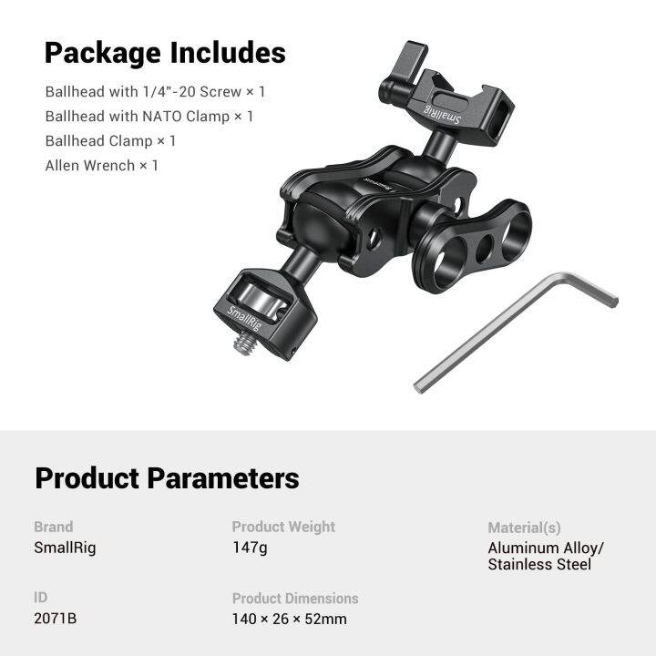 smallrig-คอนดิชั่นเนอร์แขนเมจิกพร้อมสกรูหัวบอลและที่หนีบ-nato-จอมอนิเตอร์หัวบอลสำหรับจอสนาม-ไฟ-เครื่องบันทึกเสียง-กล้อง-diy-rig-2071b