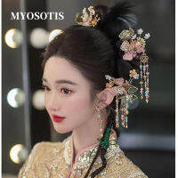 เจ้าสาวจีนแบบดั้งเดิม3-al Leaf ดอกไม้สีชมพู Tiaras Hairpins ชุด Hanfu เครื่องแต่งกายงานแต่งงานเครื่องประดับผม