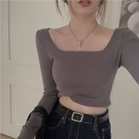 【X-style】New square collar short solid color long-sleeved T-shirt crop top