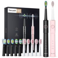 ☇❐ Fairywill Sonic Electric Toothbrush E11 Waterproof USB Charge With 8 Brush Replacement Heads Black and Pink Set for Couple