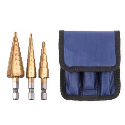 HH-DDPJ3pcs Hss Steel Titanium Step Drill Bits 3-12mm 4-12mm 4-20mm Step Cone Cutting Tools Steel Woodworking Wood Metal Drilling Set