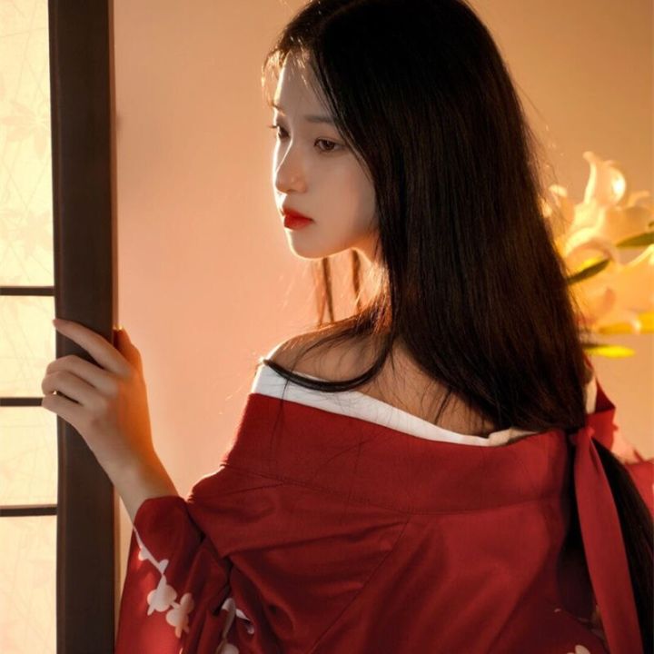 มาใหม่-เซ็กซี่ผู้หญิงสาวญี่ปุ่นกิโมโนแบบดั้งเดิมกับโอบิสีแดงดอกไม้พิมพ์แขนยาวยูกาตะคอสเพลย์การแสดงบนเวทีชุด