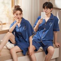 New Summer Couple Cardigan Pajamas Men Women Cotton Casual Cartoon Pyjamas Short Sleeve Sleepwear Nightwear Shorts Male Suit Baju Tidur Wanita Set