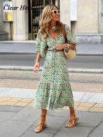 jkk V-neck Printed Mid Sleeve Single-breasted Corseted Waist Big Vestidos Fashion Robe