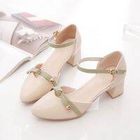 【LQVE】Women nude heel Mid korean sandal Buckle pointed heels shoes women kasut wanita