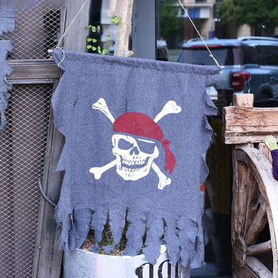 R Linen Flag Jolly Roger Pirate Flag แบนเนอร์ตกแต่งบ้านสำหรับบาร์ตกแต่งภายในและสวน