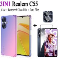 3 In1 Realme C30 C33 C55 C11 C35 C11 2021 C25 C21Y C31 C21 C20เคสใสไล่ระดับสีกันตกฝาครอบโทรศัพท์มือถือและฟิล์มกระจกเทมเปอร์9ชม.