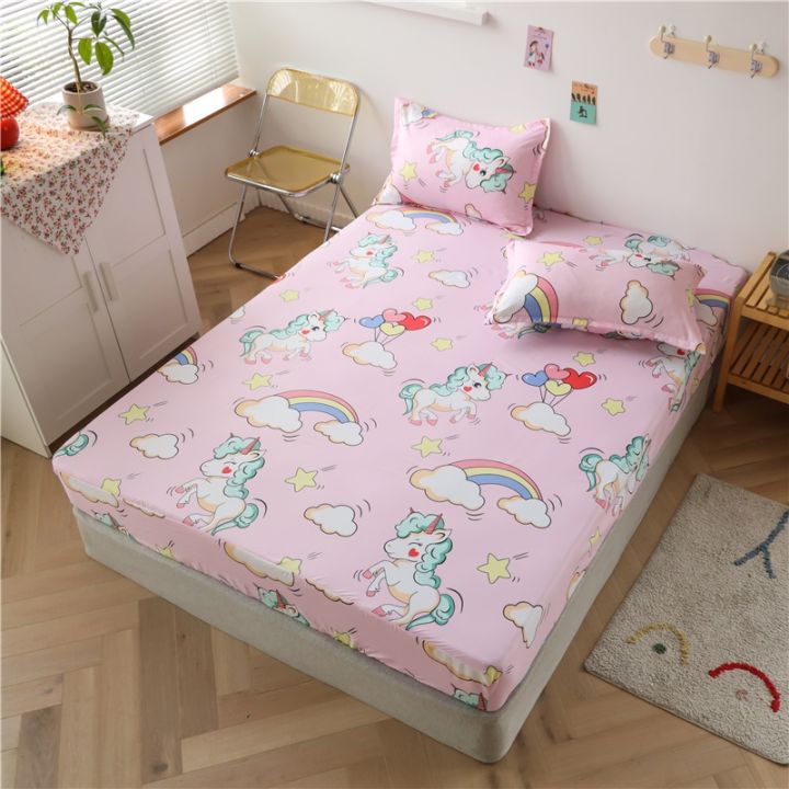 heureux-hot-sell-fitted-bedsheet-single-queen-king-size-cotton-fabric-pink-color-unicorn-pattern