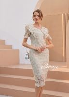 ๋Jebeya Floral Dress Beige (สีเบจสลับครีม)