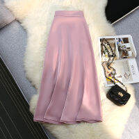 Wisher&amp;Tong Blue Satin Skirt Elastic Hight Waist A-line Korean Fashion Office Pink Skirt 2022 Summer Long Skirts Jupe Femme