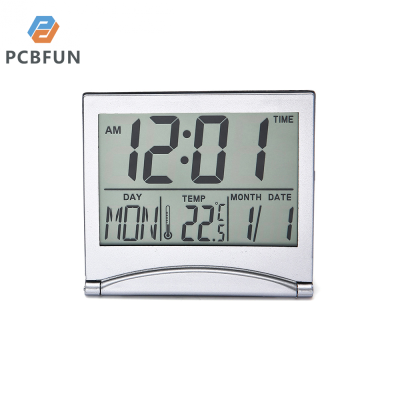 pcbfun เครื่องวัดความชื้นและอุณหภูมิตั้งโต๊ะแบบพับได้แอลซีดี,นาฬิกาสำหรับเดินทางแสดงผลวันที่ความชื้นและอุณหภูมิมัลติฟังก์ชั่นาฬิกาอิเล็กทรอนิกส์