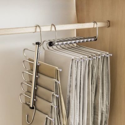 5/9Layers Stainless Steel Pants Hangers Space Saving Clothes Rack Organizer for Jeans Scarf Adjustable Non-slip Wardrobe Hanging Clothes Hangers Pegs