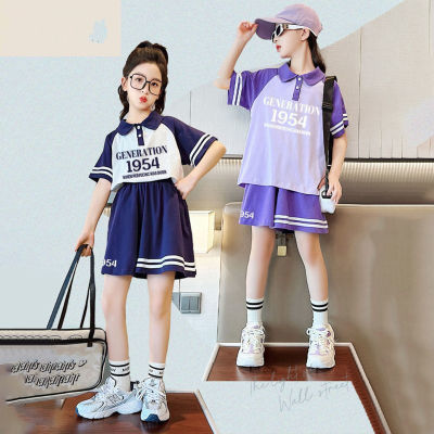 ชุดสไตล์มหาลัยสำหรับเด็กรุ่นแบบเกาหลีของเด็กผู้หญิง2023มาใหม่,ชุดโปโลกระดุมคอเสื้อแฟชั่นสไตล์ต่างประเทศแฟชั่นสไตล์ฤดูร้อนกางเกงกีฬาชุดสองชิ้น
