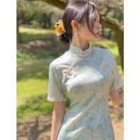 【Available】2022ฤดูร้อนสีเขียวสีชมพู Cheongsam แขนสั้นนุ่มชุดวินเทจชุดแต่งงานที่หรูหรา Qipao S ถึง2XL