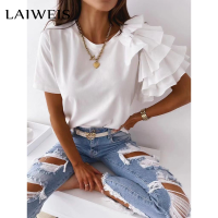 Fashion blouse women elegant white Solid Color Layered Ruffle Short Sleeve Asymmetric Loose T-shirt Top for Summer Women Blouses