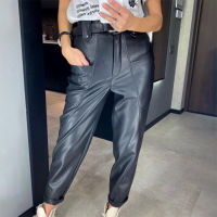 Women Leather Trousers Faux PU High Waist Brown Female Harem Pants Big Pockets Design Casual Simple Autumn Ladies Bottom Trendy