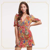 Kloset Iris Printed With Ruffle Mini Dress(AW19-D008) ชุดเดรส ชุดผ้าพลีท ชุดเดรสสั้น ชุดเดรสแฟชั่น