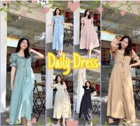 ⛅Daily Dress ⛅เดรสยาวเกาหลี แขนตุ๊กตา คอเหลี่ยม เดรสกระดุมหน้า เนื้อผ้าลายเปลือกไม้รุ่นนี้ใส่ไปคาเฟ่สวยหวานมาก