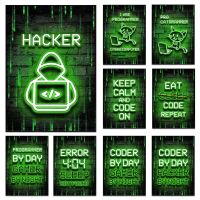 2023☒✳ Neon Art Programmer Gamer Day Night Wall Art Poster Hacker Computer Hacking Canvas Paintings Print for Home Decoration Picture