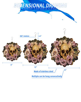 Skull Rose ไม้ R Wind Chime กลางแจ้งสวนระเบียงสแตนเลสแขวนตกแต่งสำหรับ Home 3D หมุน Wind Spinner