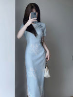 2023ฤดูร้อน Cheongsam ที่ดีขึ้นสง่างาม Qipao ทุกวันสลิมฟิตสีฟ้าอ่อนโยนสบาย Qipao ยาวชุดวินเทจ