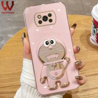 VWTEROKAI เคส3D ที่วางโทรศัพท์การ์ตูนโดราเอมอน,สำหรับ Xiaomi POCO X3 NFC X3 PRO POCO M3 M5 POCO M4 PRO 4G Redmi 9 9T 9C 9A Redmi 10 10A 10C Redmi Note 12 Pro กล้องป้องกันชุบทองนุ่มปกหลังซิลิโคน