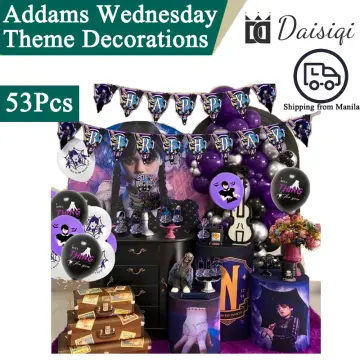 Wednesday Addams Theme Happy Birthday Balloons,Banner, Cake