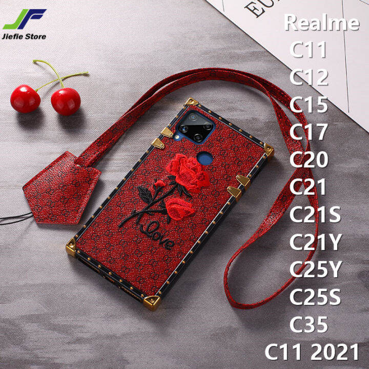 jiefie-rose-ดอกไม้สำหรับ-realme-c11-c12-c15-c17-c20-c35-c21y-c11-2021-c21-c25-c25y-c25sหรูหราสแควร์โทรศัพท์สายคล้องแบบมีเคส